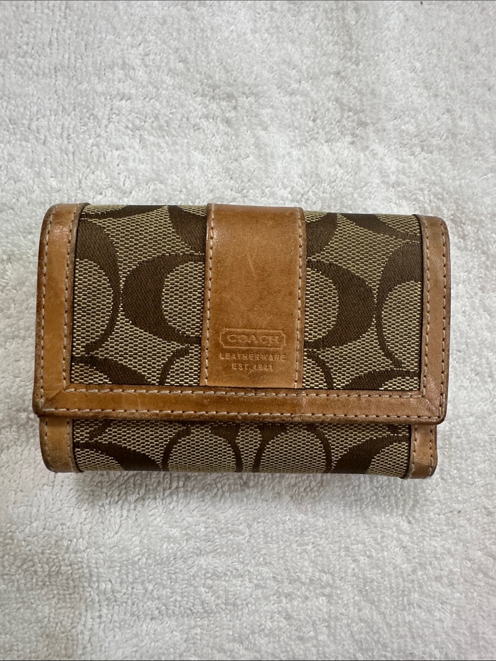 Coach Brown and Tan Signature Canvas Compact Wallet